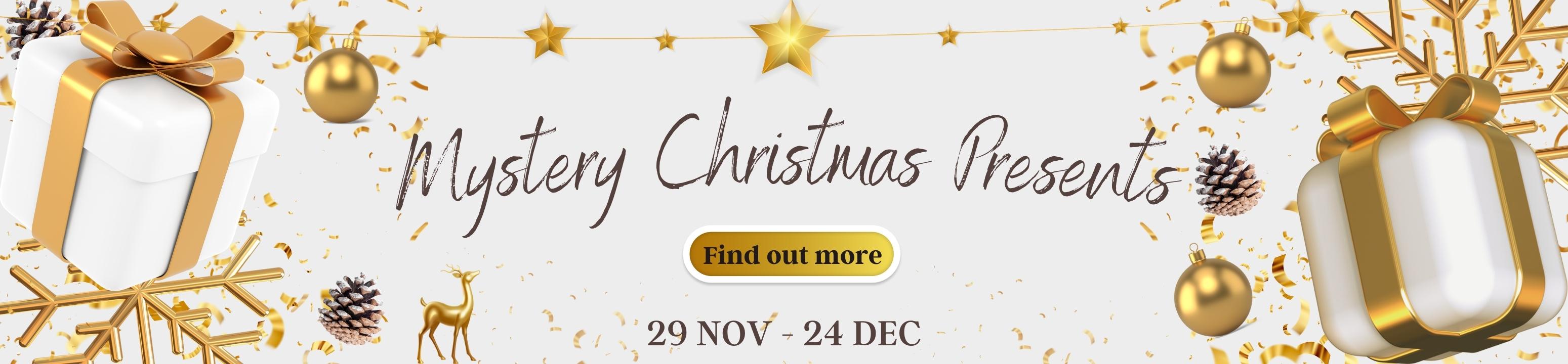 Banner for the Christmas event with images of presents and winter dcorations